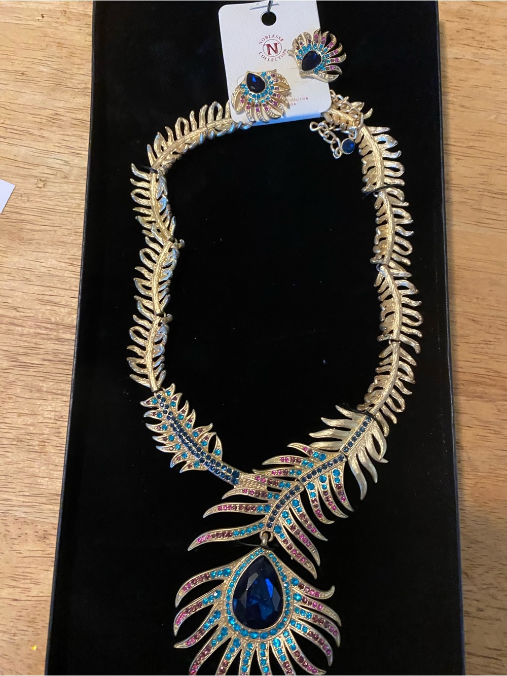 Gold-Tone Blue Teardrop Statement Necklace (Women Jewelry)